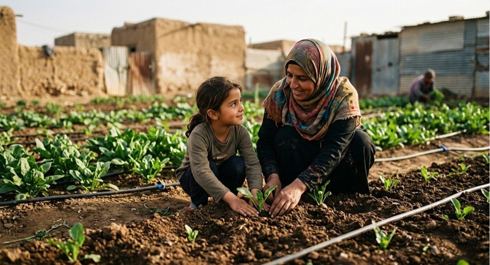 Sustainable farming project for children in conflict zones showing woman and child planting crops on a charity farm.